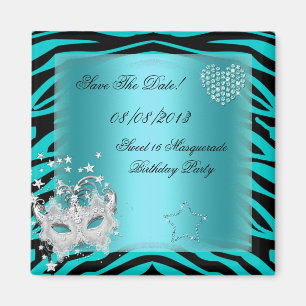 Save the Date Sweet 16 Masquerade Aquamarin Zebra Magnet