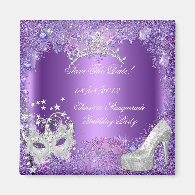 Save the Date Sweet 16 Masquerade Lila Magnet (Vorne)