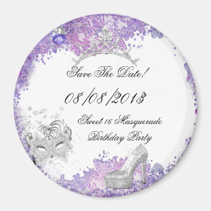 Save the Date Sweet 16 Masquerade Lila Weiß 2 Magnet