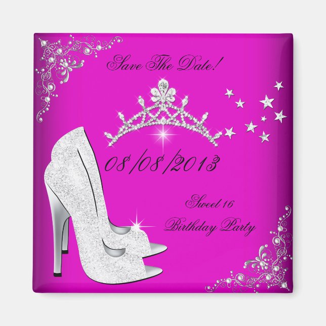 Save the Date Sweet 16 Pink High Heels Shoes Tiara Magnet (Vorne)