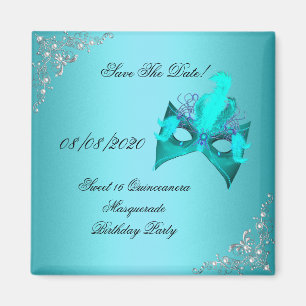 Save the Date Sweet 16 Quinceanera Masquerade Aqua Magnet