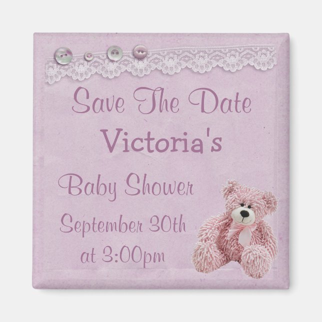 Save the Date Teddy Bear Baby Girl Dusche Magnet (Vorne)