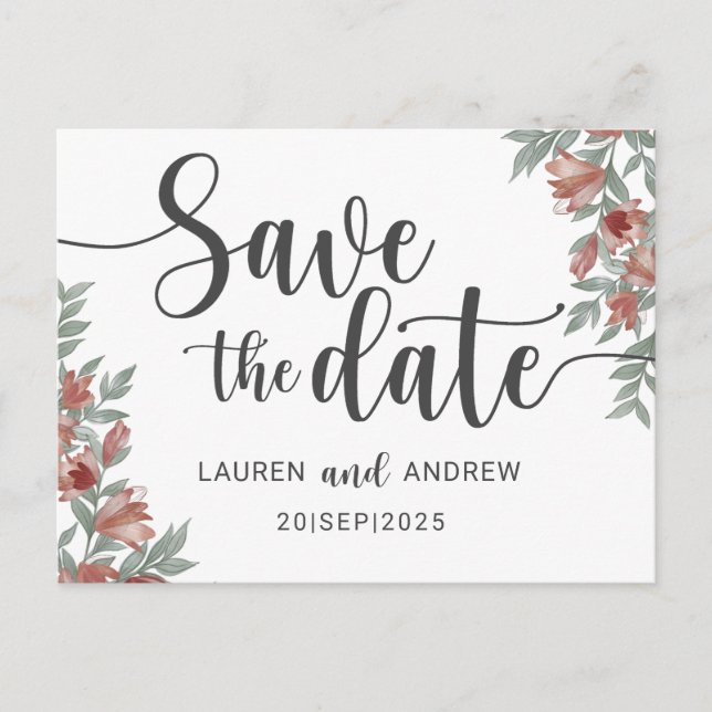Save the Date Terracotta Floral Wedding Postkarte (Vorderseite)