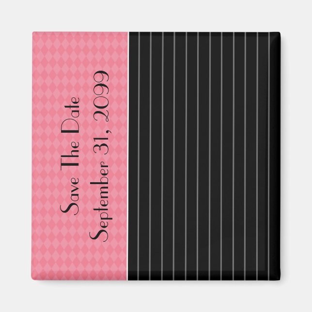 Save the Date Trendy Black Pinstripe Pink Raute Magnet (Vorne)