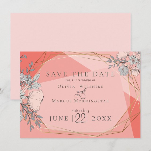 Save The Date | Trendy Coral Floral Gold Frame Einladung (Vorne/Hinten)