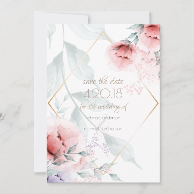 Save The Date | Trendy Coral/Lilac Aquarelle Peony (Vorderseite)