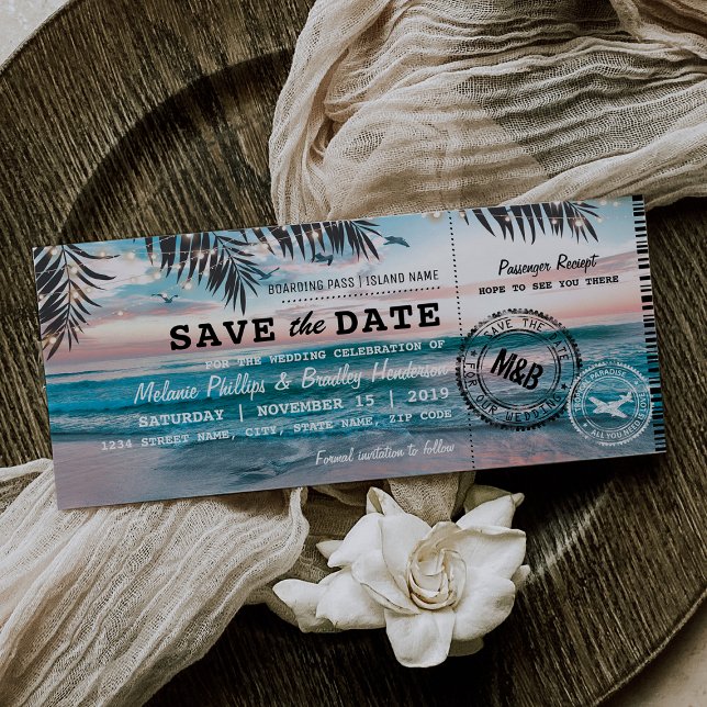 Save the Date Tropical Beach Lights Boarding Pass (Von Creator hochgeladen)