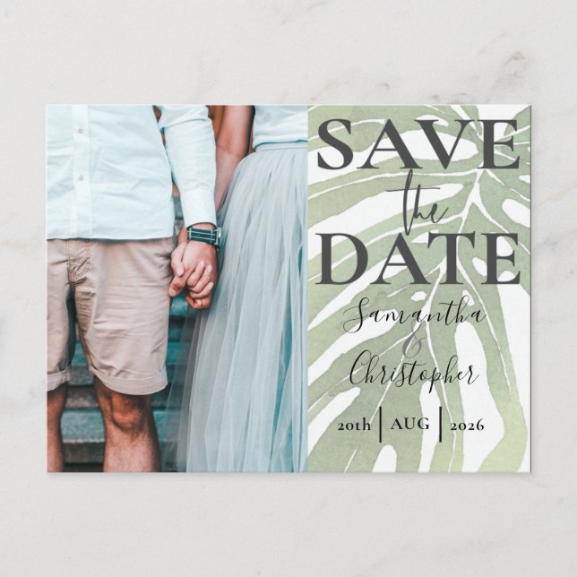 Save the Date Tropical Monstera Foto Wedding Ankündigungspostkarte (Vorderseite)