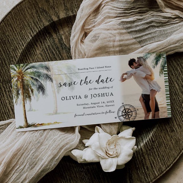Save the Date Tropical Palm Tree Boarding Pass (Von Creator hochgeladen)