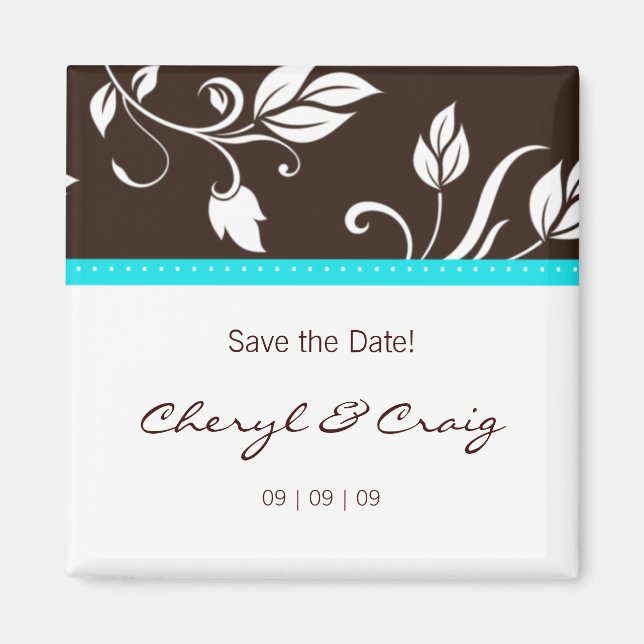 Save the Date Türkis Brown Trendy Floral Magnet (Vorne)