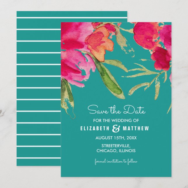 Save The Date. Türkis Fuchsia Floral Wedding Einladung (Vorne/Hinten)