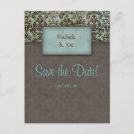 Save the Date Türkisblau, braune Damaske Postkarte