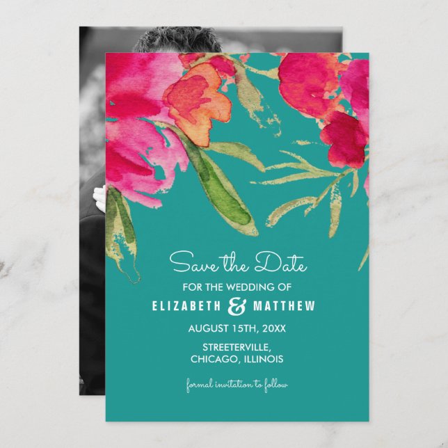 Save The Date. Turquoise Fuchsia Floral Cards Einladung (Vorne/Hinten)