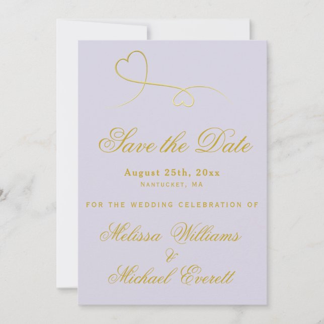 Save The Date | Two Gold Hearts Lavender Wedding (Vorderseite)