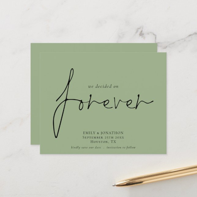 Save the Date über "Forever Sage Green" beschlosse (Vorderseite/Rückseite Beispiel)