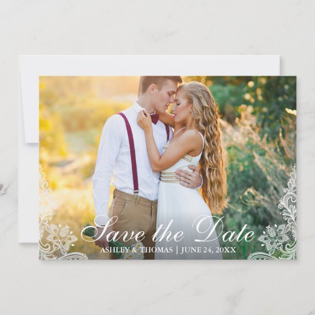 Save the Date Verlobung Couple Foto Lace Card Einladung (Vorderseite)