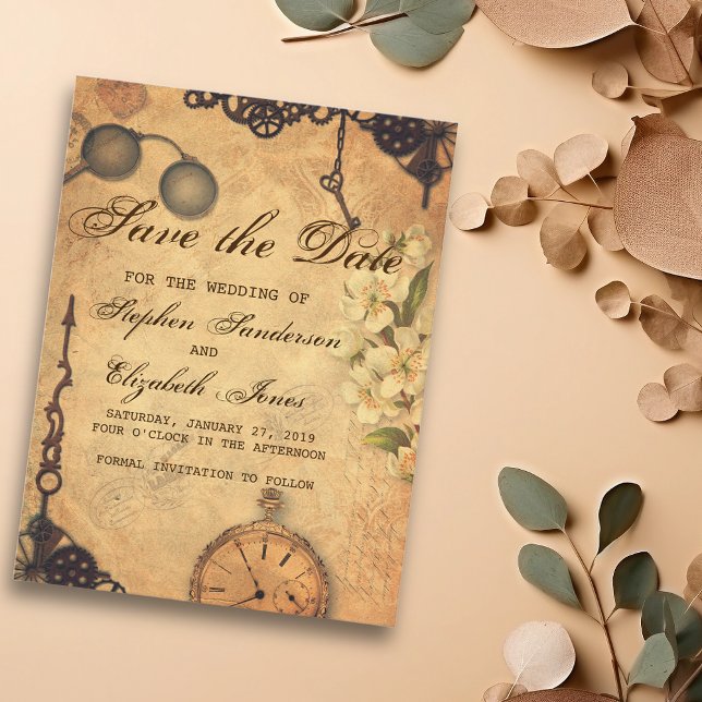 Save the Date Vintag Viktorianisch Steampunk Ankündigungspostkarte (Von Creator hochgeladen)
