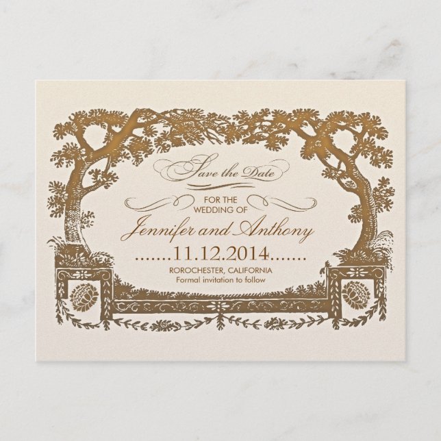 Save the Date Vintage Baumstammkarten Ankündigungspostkarte (Vorderseite)