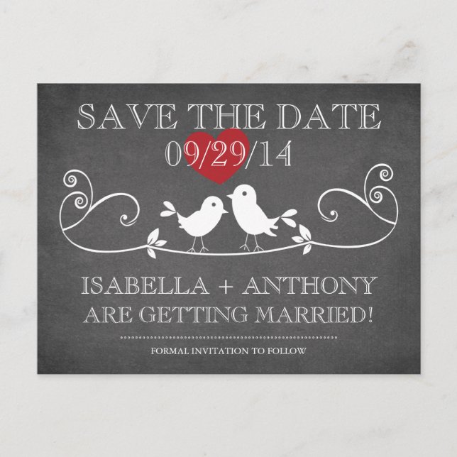 SAVE THE DATE Vintage Chalkboard Love Birds Ankündigungspostkarte (Vorderseite)