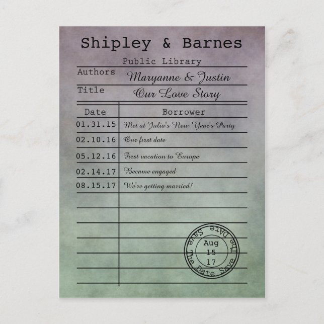 Save the Date Vintage Lila Grüne Bibliothek Ankündigungspostkarte (Vorderseite)