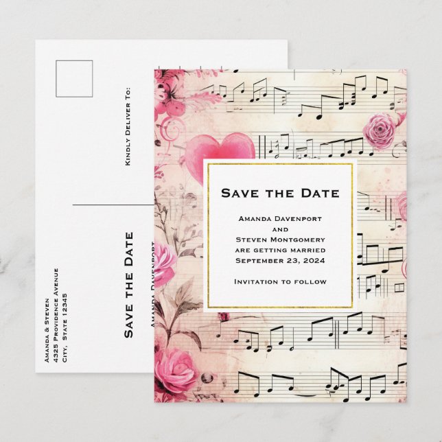 Save the Date Vintage Musiknotizen und Rose Einladungspostkarte (Vorne/Hinten)