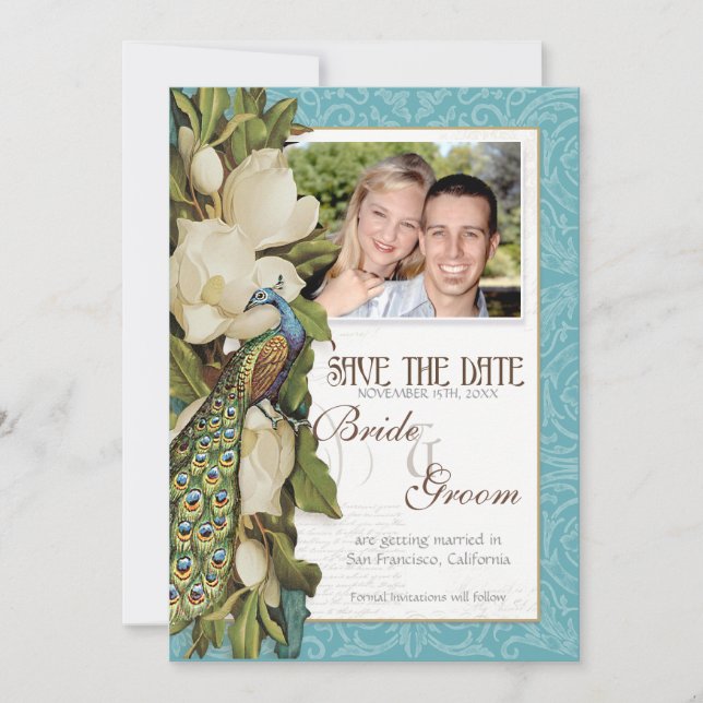 Save the Date - Vintage Peacock & Magnolia-Wirbel (Vorderseite)