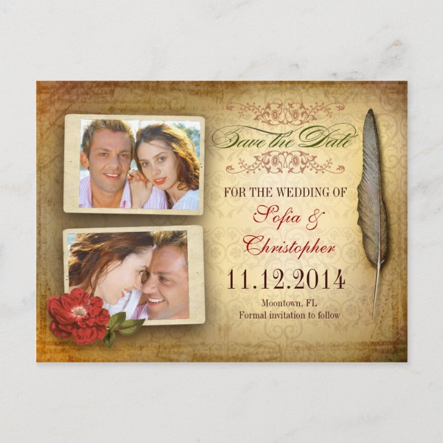 Save the Date Vintage Postkarte mit Fotos (Vorderseite)
