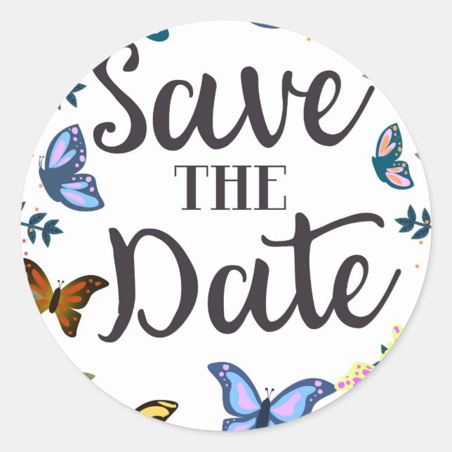 Save the Date Vintage Schmetterlinge. Runder Aufkleber (Vorderseite)