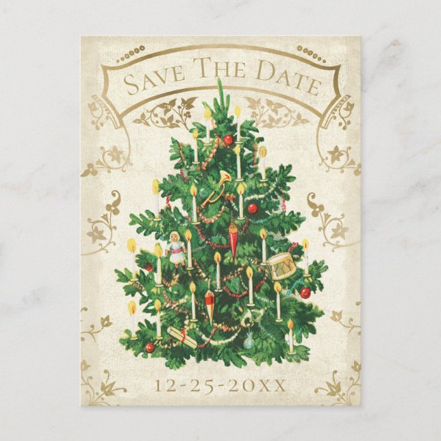 Save the Date Vintage Weihnachtsbaum Postkarte (Vorderseite)