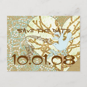 Save the Date Vintager Bird Blue Red Rich Gold Ankündigungspostkarte