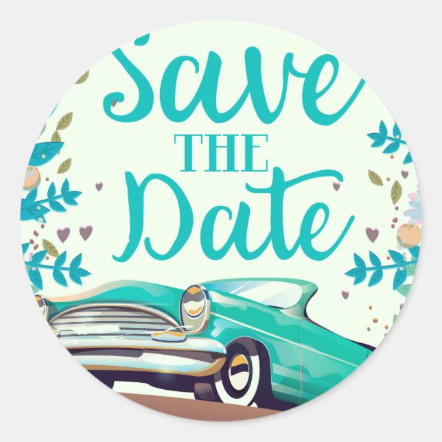 Save the Date Vintager Vintager Oldtimer. Runder Aufkleber (Vorderseite)
