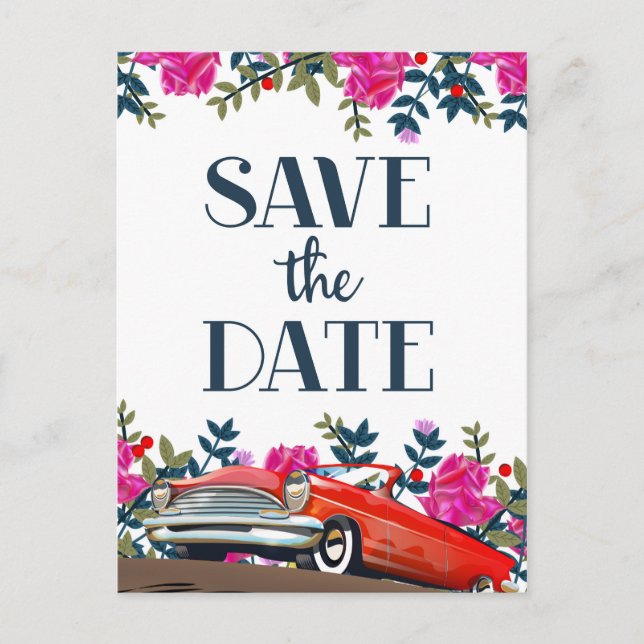 Save the Date Vintages Rotes Auto Postkarte (Vorderseite)