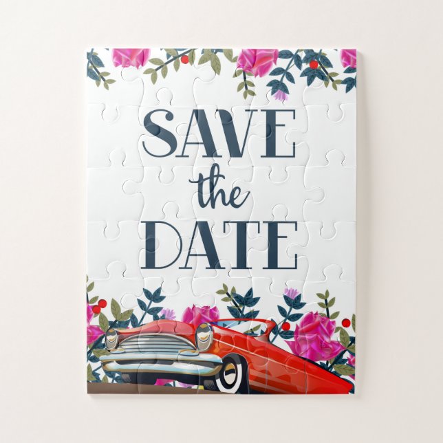 Save the Date Vintages Rotes Auto Puzzle (Vertikal)