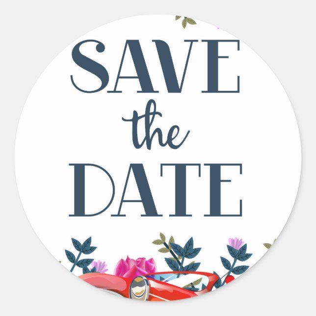 Save the Date Vintages Rotes Auto Runder Aufkleber (Vorderseite)