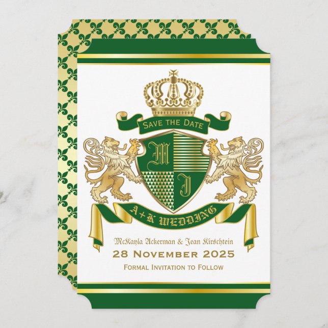 Save the Date Wappenschild aus grünem Gold Einladung (Vorne/Hinten)