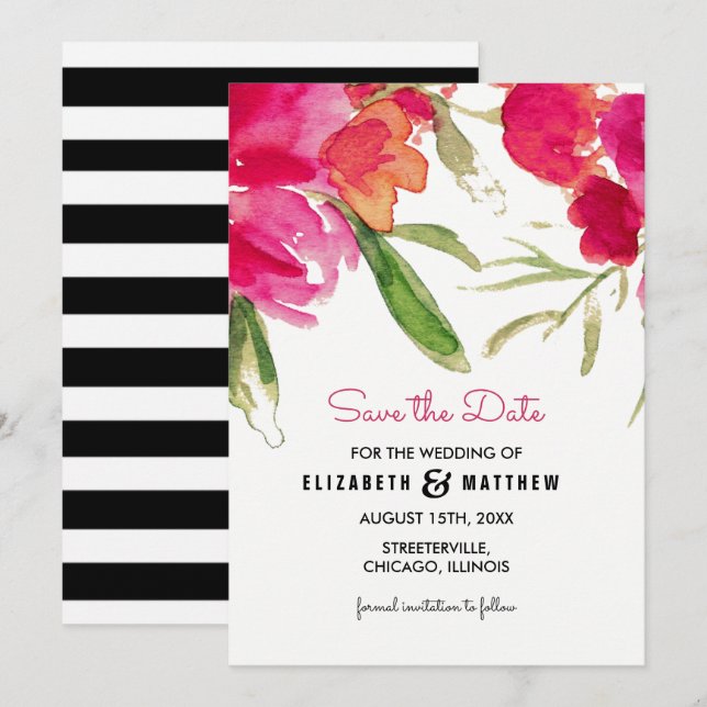 Save The Date. Wasserfarbe Fuchsia Blumenzehen Date (Vorne/Hinten)