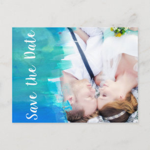 SAVE THE DATE Watercolor Blue Foto Postcard Ankündigungspostkarte