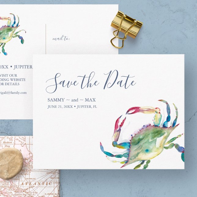 Save the Date Watercolor Crab Postcard Postkarte (non photo wedding save the date invitations feature watercolor crab art by Victoria Grigaliunas)