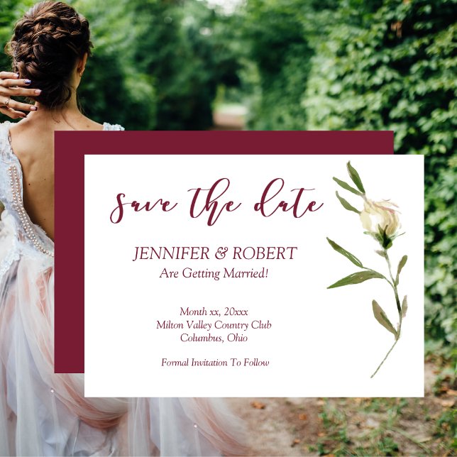 Save the Date Watercolor White Roses Cranberry Einladung (Save The Date Watercolor White Rose Cranberry Invitation)