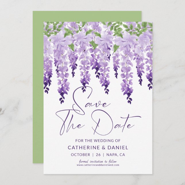 Save the Date Watercolor Wisteria Lilac Wedding (Vorne/Hinten)