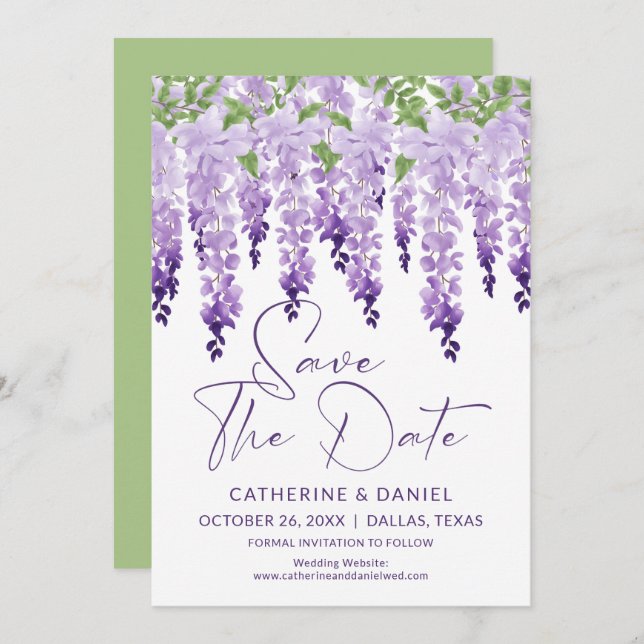 Save the Date Watercolor Wisteria Lilac Wedding (Vorne/Hinten)