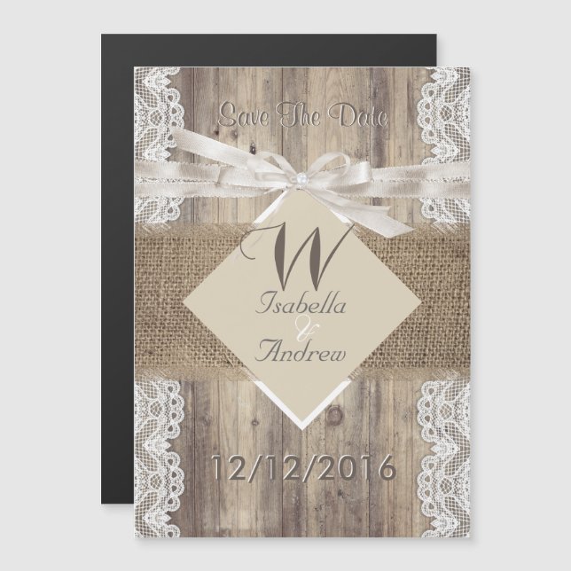 Save the Date Wedding Beige White Lace Wood Burlap Magneteinladung (Vorne/Hinten)
