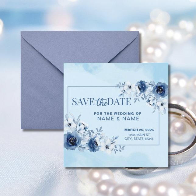 Save the Date Wedding Blue Watercolor Floral Einladung (Von Creator hochgeladen)