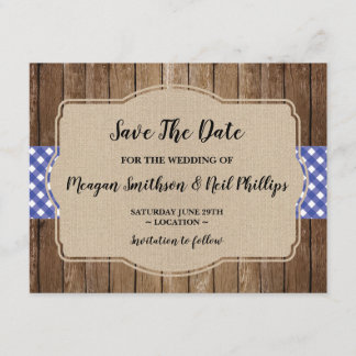 Save the Date Wedding Card Blue Gingham Burlap GRI