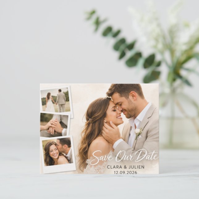 Save the Date Wedding Card Modern Script | 4 Photo Postkarte (Stehend Vorderseite)