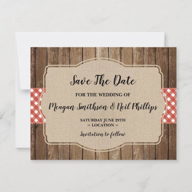 Save the Date Wedding Card Red Gingham Burlap GRIL (Vorderseite)