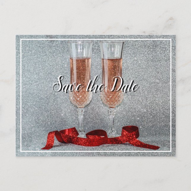 Save the Date Wedding Champagne Glass Postcard Ankündigungspostkarte (Vorderseite)