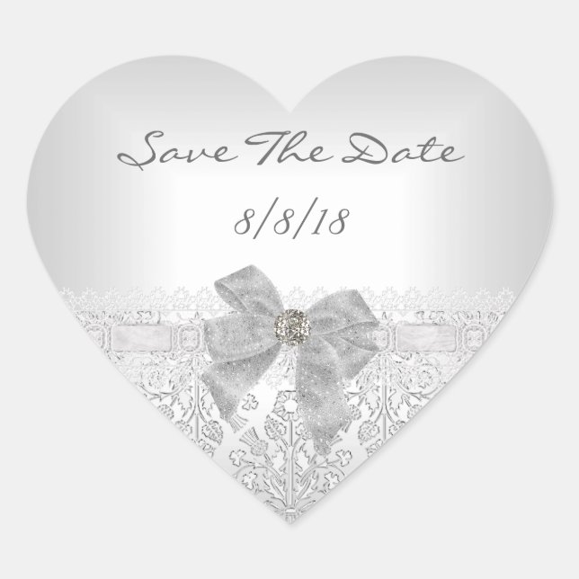 Save the Date Wedding Damask White Silver Bow Herz-Aufkleber (Vorderseite)