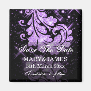 Save the Date Wedding lila Glitzer-BlumenWirbel Magnet