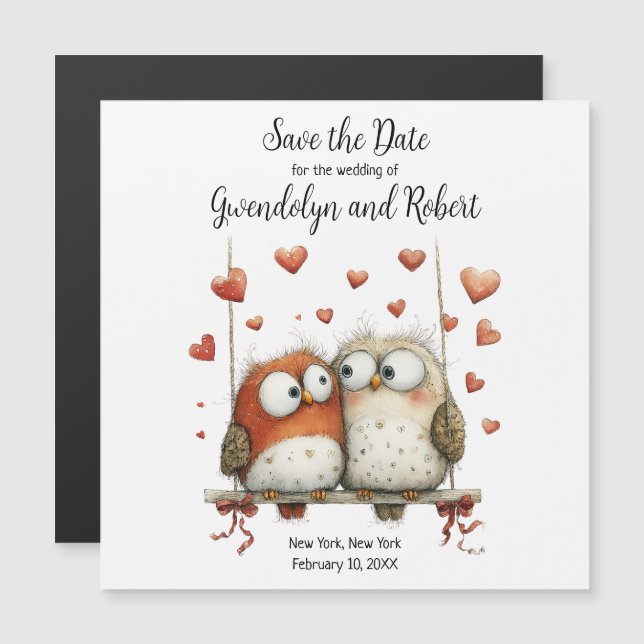 Save the Date Wedding Magnet Cute Owl Couple  (Vorne/Hinten)